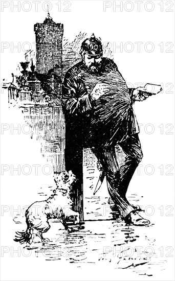 Policeman in Berlin, uniform, man, notebook, pencil, pickelhaube, dog, tower, houses, Germany, historical illustration around 1898, Europe