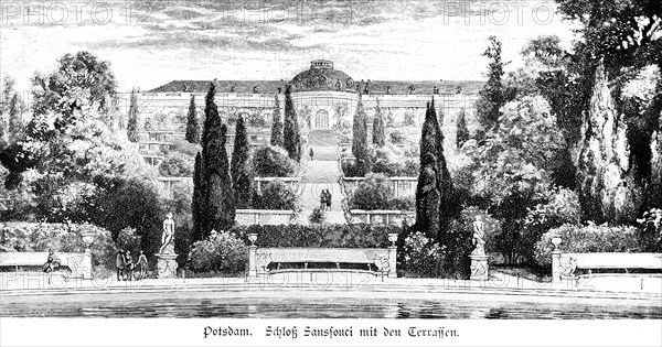 Sanssouci Palace with terraces, Potsdam near Berlin, royal city palace, ornamental garden, garden, stairs, steps, statues, trees, people, water, King Frederick William II, Germany, historical illustration circa 1989, Europe