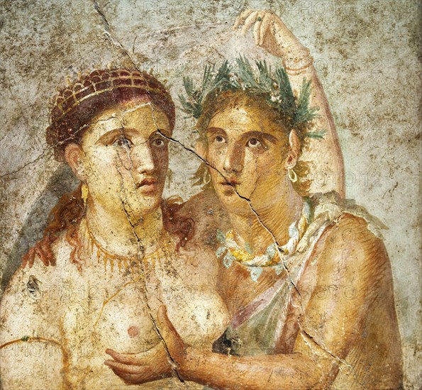 Fresco from ancient Pompeii, Man and woman in erotic situation, Italy, Historic, digitally restored reproduction from an original of the period, Europe