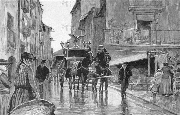 Funeral in Lisbon, Portugal, hearse, horse-drawn carriage, drawbar, mourning, festive clothes, wet street, houses, people, female traders, market stall, historical illustration c. 1898, Europe