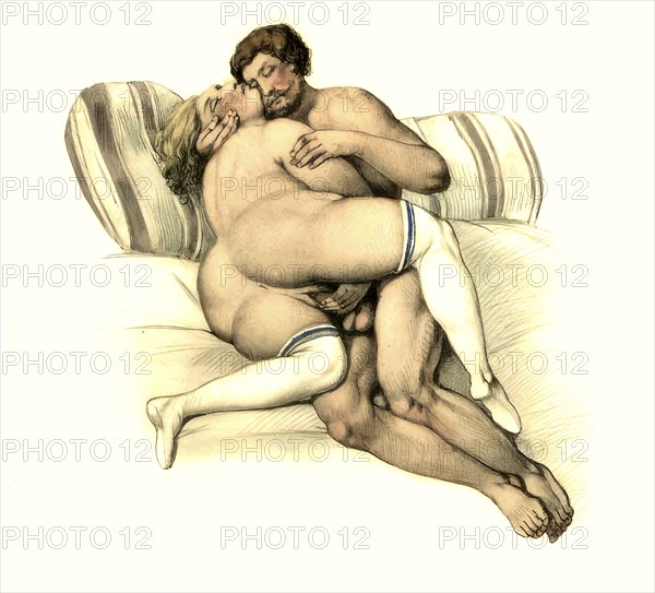 Couple having sex, erotic watercolour by Peter Johann Nepomuk Geiger (11 January 1805) (29 October 1880), an Austrian painter and draughtsman, Historic, digitally restored reproduction from an original of the period