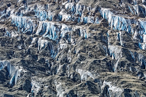 Aerial view of Kaskawulsh Glacier with crevasses and moraine deposits, Icefield Ranges, Kluane National Park, Yukon Territory, Canada, North America