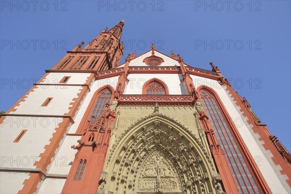 View upwards with tympanum of the Gothic Lady Chapel, perspective, Würzburg, Lower Franconia, Franconia, Bavaria, Germany, Europe