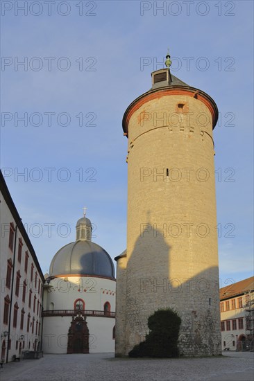 Inner courtyard with keep and St. Mary's Church of Marienberg Fortress, Renaissance, Würzburg, Lower Franconia, Franconia, Bavaria, Germany, Europe