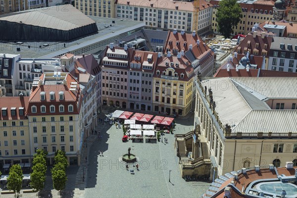 View from the lantern of Dresden's Church of Our Lady onto the Neumarkt with the newly built Gewandhaus