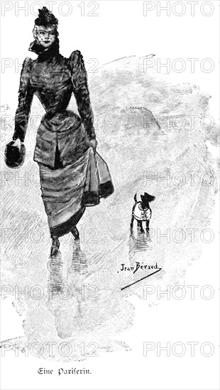 Portrait of a Parisian woman, Paris, young woman, fashion, long skirt, waist, headgear, handbag, dog, France, historical illustration c. 1898, Europe