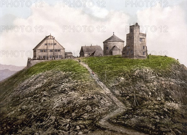 The Schneekoppe with Observatory in the Giant Mountains, today Snetzka in the Czech Republic, Historic, digitally enhanced reproduction of a photochrome print from 1898