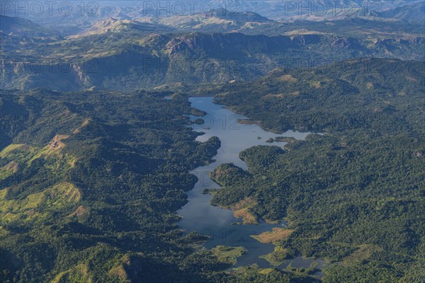 Aerial of artifical mountain lake, Viti Levu, Fiji, South Pacific, Oceania