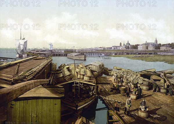 Charging cod, Archangel, Kola Peninsula, Russia, c. 1890, Historic, digitally enhanced reproduction of a photochrome print of the period, Europe