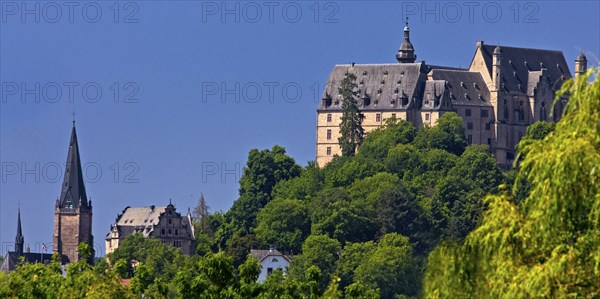 The Landgrave's Castle on the Schlossberg and the Lutheran Parish Church of St. Mary, Marburg an der Lahn, Hesse, Germany, Europe