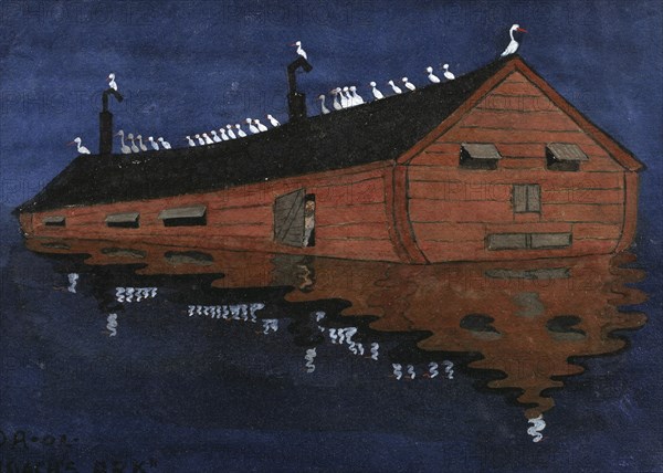 Noah's Ark was, according to the biblical book of Genesis, a buoyant box built by the patriarch Noah, painting by Ivar Arosenius, Historic, digitally restored reproduction from an original of the time