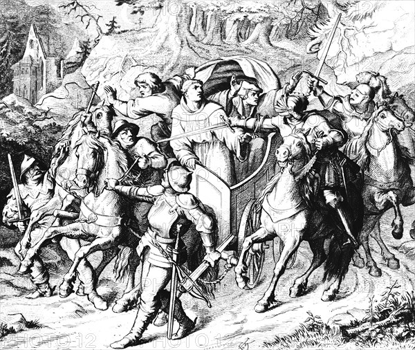 Martin Luther's abduction on his way home at Altenstein Castle in 1521, Waltershausen, carriage, horses, hollow way, soldiers, weapons, swords, stop, 16th century, historical illustration around 1860