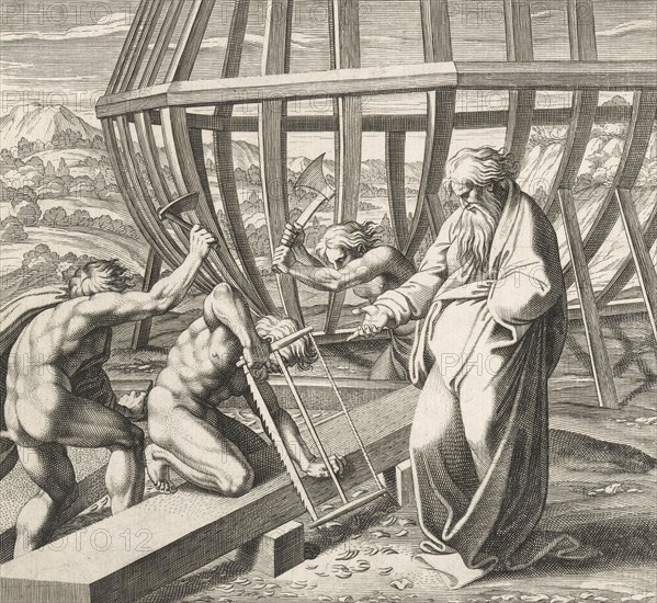 Noah's sons build the ark, According to the biblical book of Genesis, Noah's ark was a buoyant box built by the patriarch Noah, Illustration from 1626, Historic, digitally restored reproduction from an original of the time