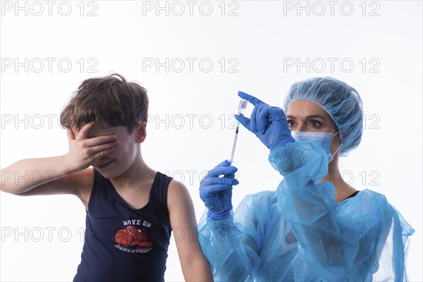 A little boy receives a vaccination, symbol motif