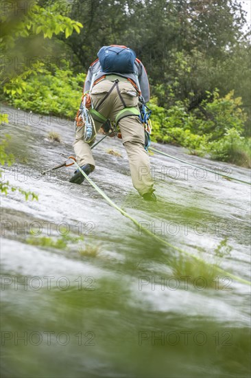 Climber, multi-pitch climbing, slab climbing, Garda Mountains, Arco, Trentino-Alto Adige, Italy, Europe