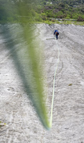 Climber, multi-pitch climbing, slab climbing, Garda Mountains, Arco, Trentino-Alto Adige, Italy, Europe