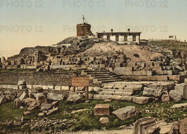 Peak of the Puy de Dome and ruins of the temple of Mercury, Clermont-Ferrand, France, c. 1890, Historic, digitally enhanced reproduction of a photochrome print from 1895, Europe