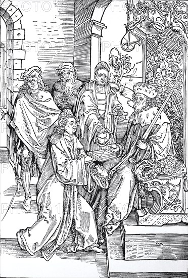 Llustration to Opera Hrosvitae, Conrad Celtes presents his edition of the Roswitha Comedies to Elector Frederick of Saxony, woodcut by Albrecht Dürer, historical, digital improved reproduction of an old woodcut