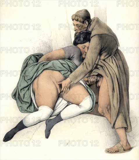 Monk playing erotically with a woman, Sex, Masturbation, c. 1850, erotic watercolour by Peter Johann Nepomuk Geiger (11 January 1805) (29 October 1880), an Austrian painter and draughtsman, Historic, digitally restored reproduction from an original of the period