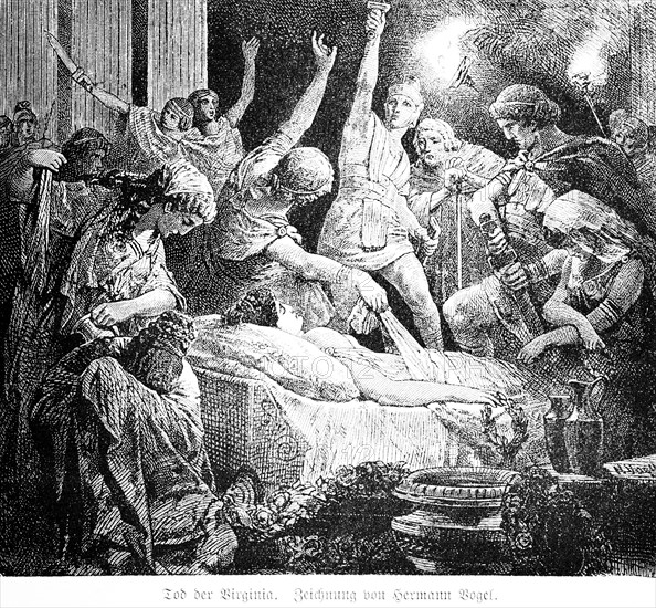 Death of Virginia, ancient Rome, Virginius, Appius Claudius, death, dagger, murder, bed, redemption, despair, patrician, plebeian, marriage, ban, horror, important woman, history, historical illustration 1894