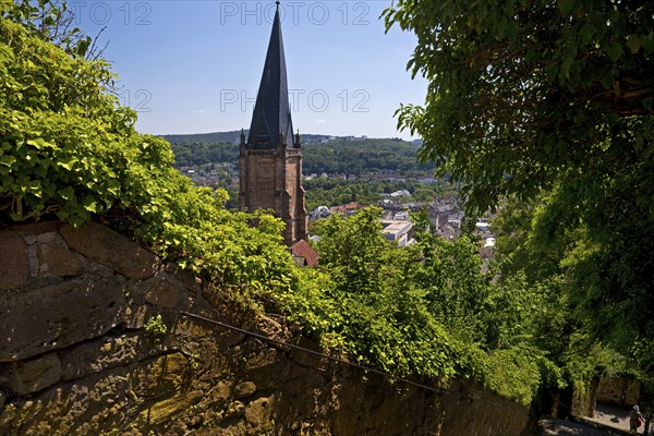 Elevated view from the Schlossberg to the church tower of St. Marien and the steep staircase into the town, Marburg an der Lahn, Hesse, Germany, Europe