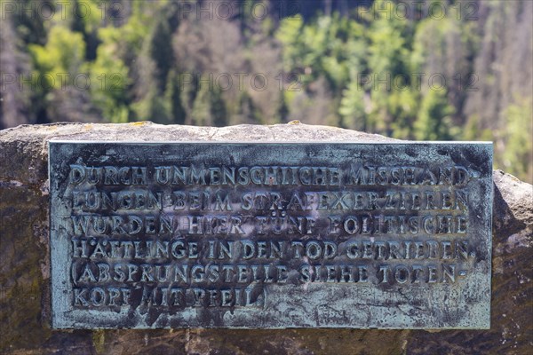 Hohnstein Castle and Town in Saxon Switzerland. Plaques commemorating the time when a concentration camp was housed at the castle under National Socialism