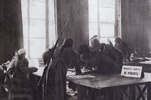 Armed soldiers in the reading room of the Duma, Saint Petersburg, 1917, Russia, Europe