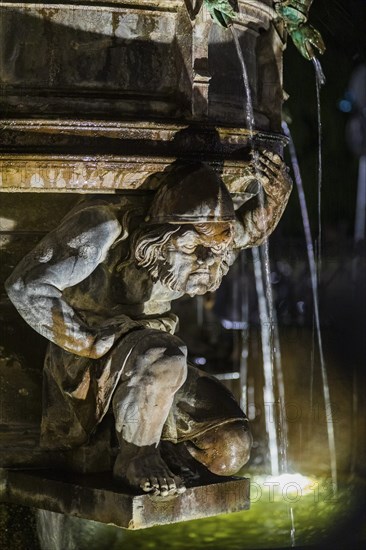 Dresden's most ornamental fountain, over 15 metres high, a total of 40 gargoyles, designed by Gottfried Semper and Karl Moritz Seelig, built between 1843 and 1845 by Franz Schwarz, donated because Dresden was spared the cholera epidemic