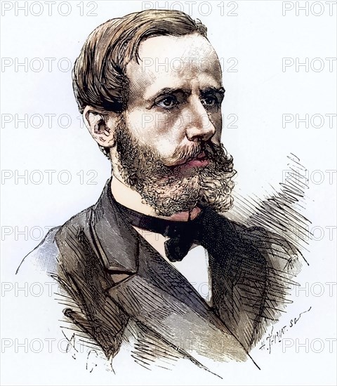 (Raymond) Gaston Plante (1834-1889) French physicist who invented the first accumulator or electric storage battery in 1859. It was a wet cell with two lead plates immersed in sulphuric acid, the electrolyte. Copperplate engraving from Les Nouvelles Conquetes de la Science by Louis Figuier (Paris, 1883), Historical, digitally restored reproduction from a 19th century original, Record date not stated