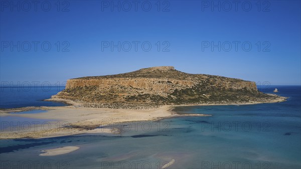 Aerial view of a rocky island with shallow coastline and blue water, Gramvoussa, Gramvoussa peninsula, Pirate Bay, Balos, lagoon, north-west Crete, Crete, Greek Islands, Greece, Europe