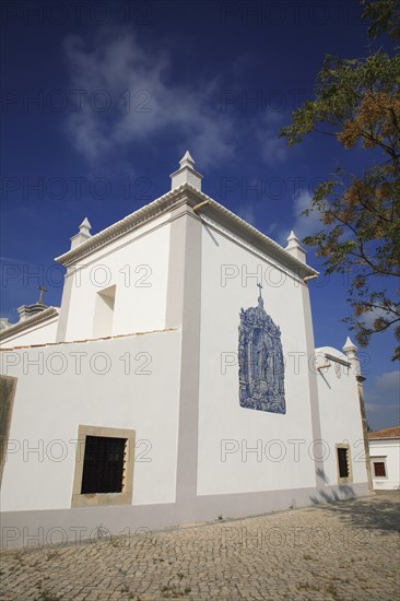 Historic azulejos painting at the church of Sao Lourenco de Matos near Almancil, Algarve, Portugal, Europe