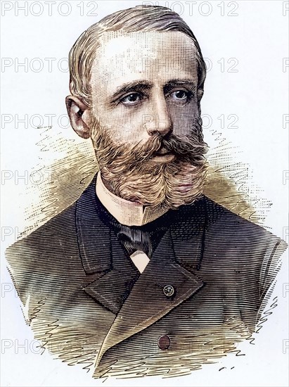 (Raymond) Gaston Plante (1834-1889) French physicist who invented the first accumulator or electric storage battery in 1859. It was a wet cell with two lead plates immersed in sulphuric acid, the electrolyte. Copperplate engraving from A travers l'Electricite by Georges Dary (Paris, ca. 1906), Historical, digitally restored reproduction from a 19th century original, Record date not stated