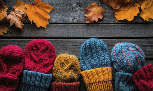 Vibrant knitted hats on a rustic wooden background AI generated