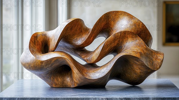 Abstract wooden sculpture with wavy, smooth surfaces, displayed indoors as an art piece, AI generated