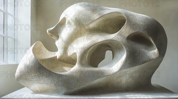 Large abstract stone sculpture with hollow sections and a smooth beige texture, illuminated by natural light, AI generated