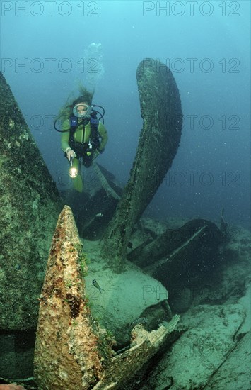 Diver and propeller of the wreck Astron, Parapriacanthus ransonneti, Punta Cana, Caribbean Sea, Dominican Republic, Central America