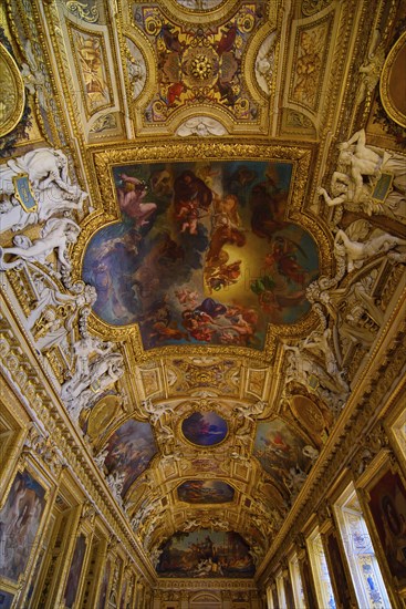 Decorated ceiling of the Apollo Gallery (Galerie d'Apollon) at Louvre Museum in Paris, France, Europe