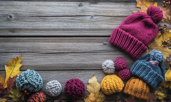 Vibrant knitted hats on a rustic wooden background AI generated