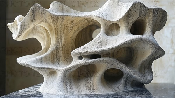 Abstract stone sculpture with organic shapes and hollow parts, featuring a natural beige texture, AI generated