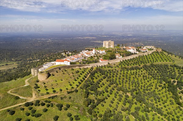 Evoramonte drone aerial view of village and castle in Alentejo, Portugal, Europe