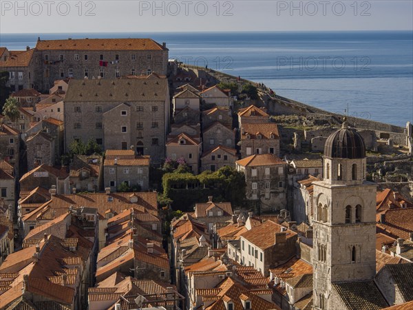 A medieval town with a church tower and red roofs by the sea, dubrovnik, Mediterranean, Croatia, Europe