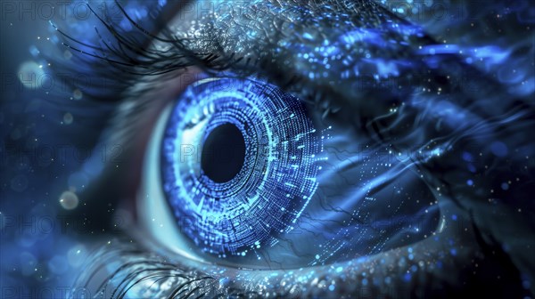 Macro view of a blue eye with digital circuitry, giving a glowing and futuristic impression, AI generated