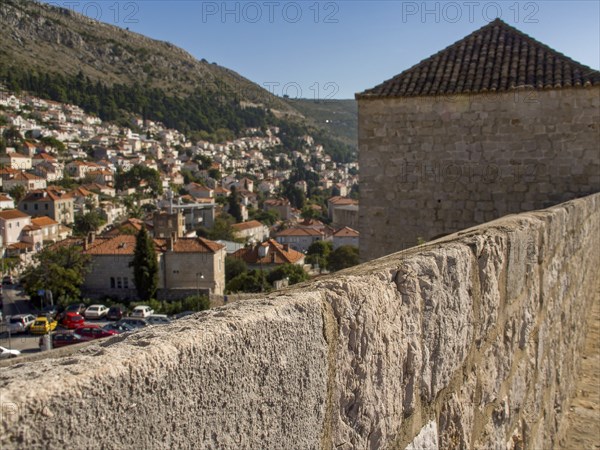 View from the old city wall to houses and hills in the background, dubrovnik, Mediterranean Sea, Croatia, Europe