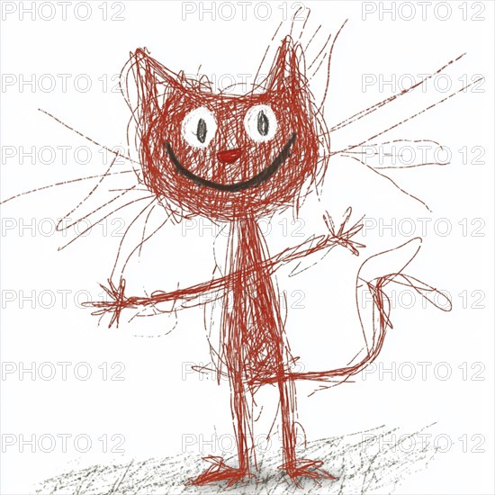 A scribbled cat outlined in red, smiling with wide eyes, giving an expressive and playful impression, AI generated