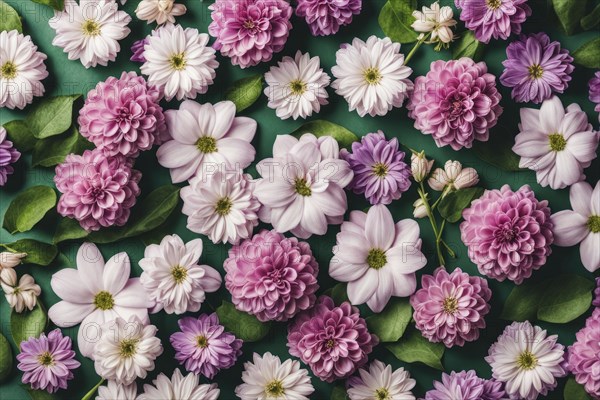 A harmonious arrangement of white and pink flowers with green leaves on a dark green background, AI generated