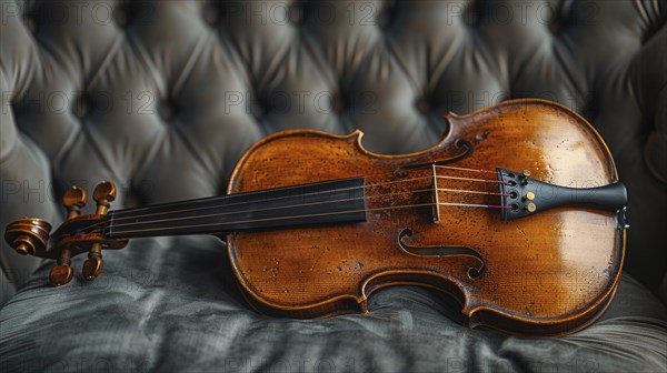 Classic wooden violin set against a dark, textured fabric, giving a refined and elegant impression, AI Generated, AI generated