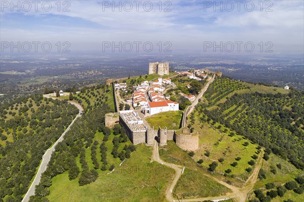 Evoramonte drone aerial view of village and castle in Alentejo, Portugal, Europe