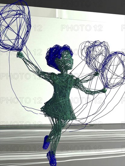 Abstract wire sculpture of a child holding balloons, rendered in blue and green, AI generated