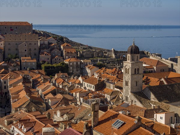 Overview of a historic town with red tiled roofs and a church tower by the sea, dubrovnik, Mediterranean Sea, Croatia, Europe