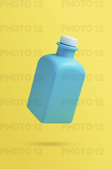 Levitation, flying blank cleaner blue bottle. Isolated on yellow background. Plastic packaging. Household chemicals. Falling in air single object. Laundry conditioner, soap washer or softener template